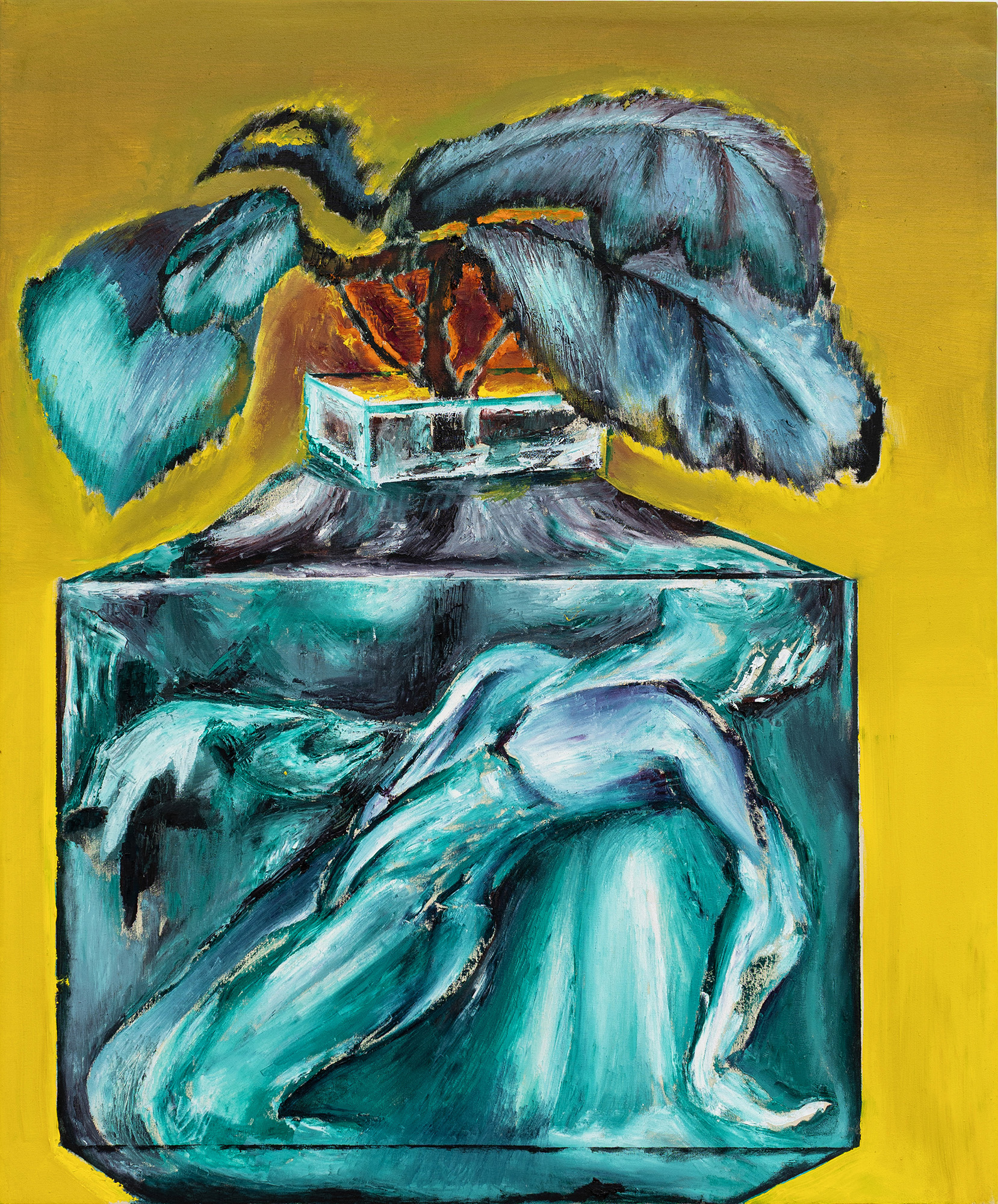 HUMINILOWICZ Vanda_57_Cím nélkül (a postás halála parfümös üvegen)_2025_olaj, vászon_90×75 cm_1